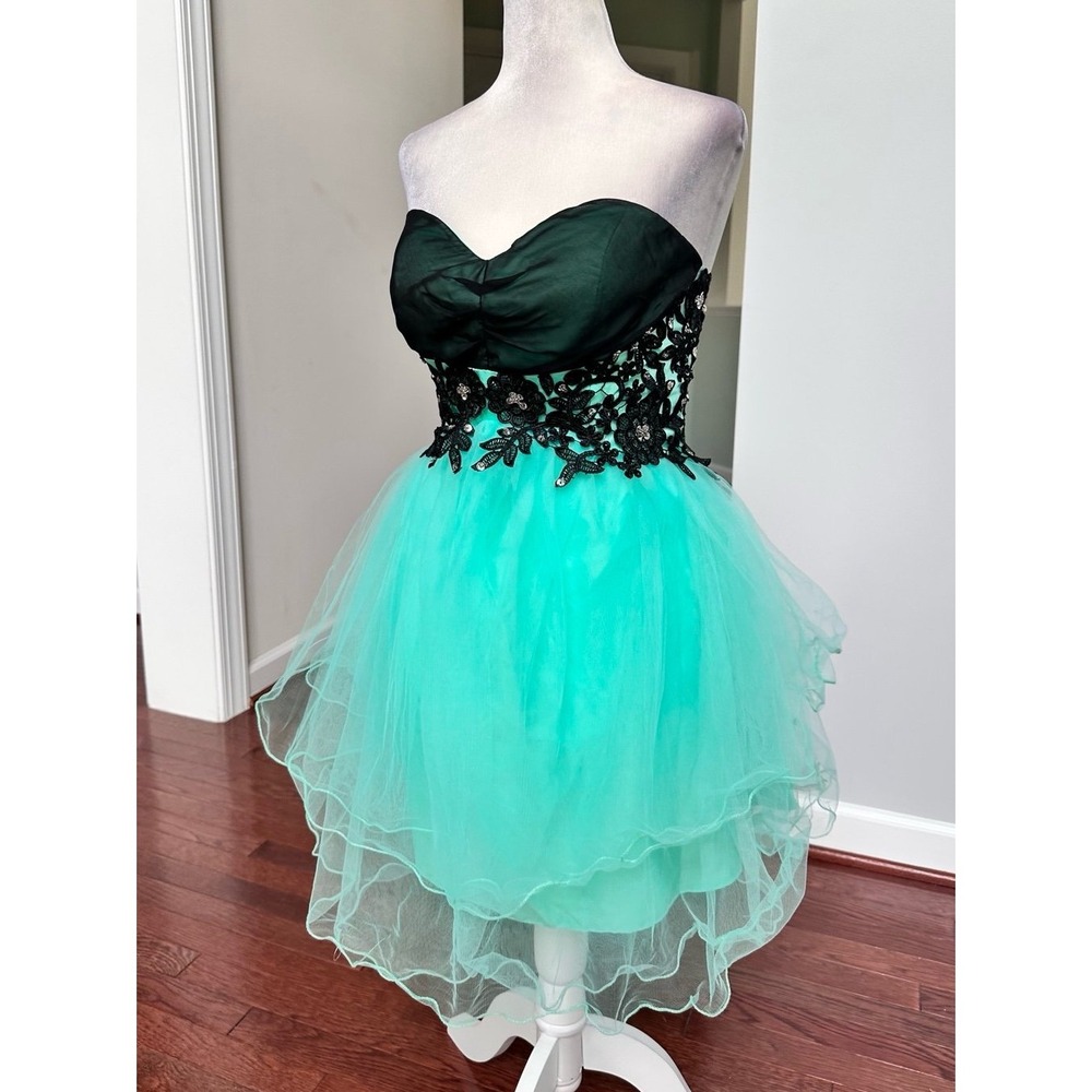 Custom Strapless Black Lace Mint Green Corset Back Cocktail Mini Dress Small - Picture 4 of 12